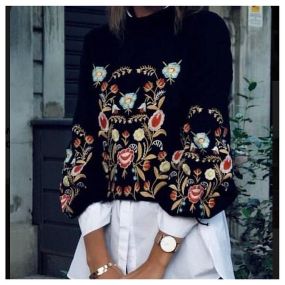 Sweaters - 💕 Black Floral Embroidery Tie Sleeve Sweater